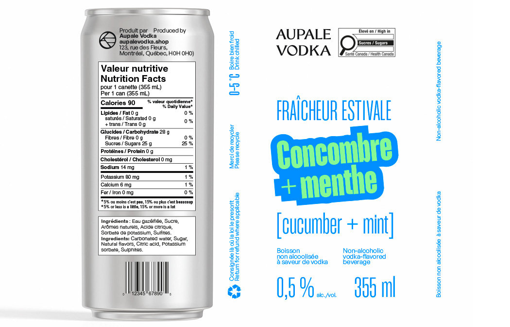 Canettes Aupale Vodka présentées sur fond de sable, saveurs identifiées par blocs de couleur